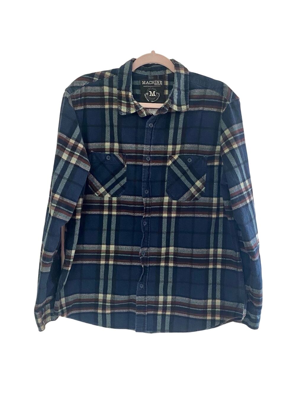MACHINE CUSTOM CO • Navy Plaid Long Sleeve Flannel Button Down Shirt